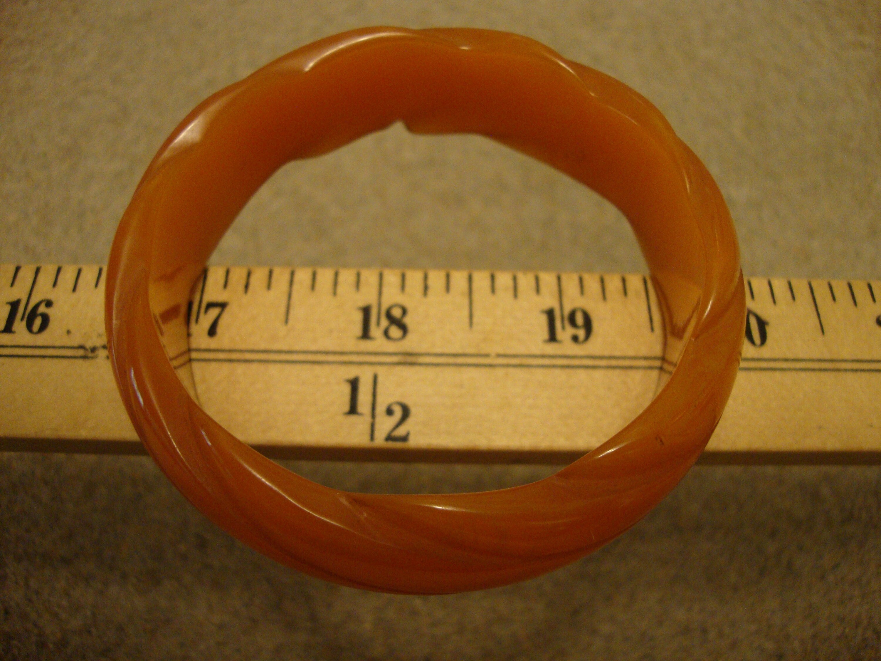 Vintage Semi Translucent Tangerine Bakelite Bracelet w/ Diagonal Slash Carvings!