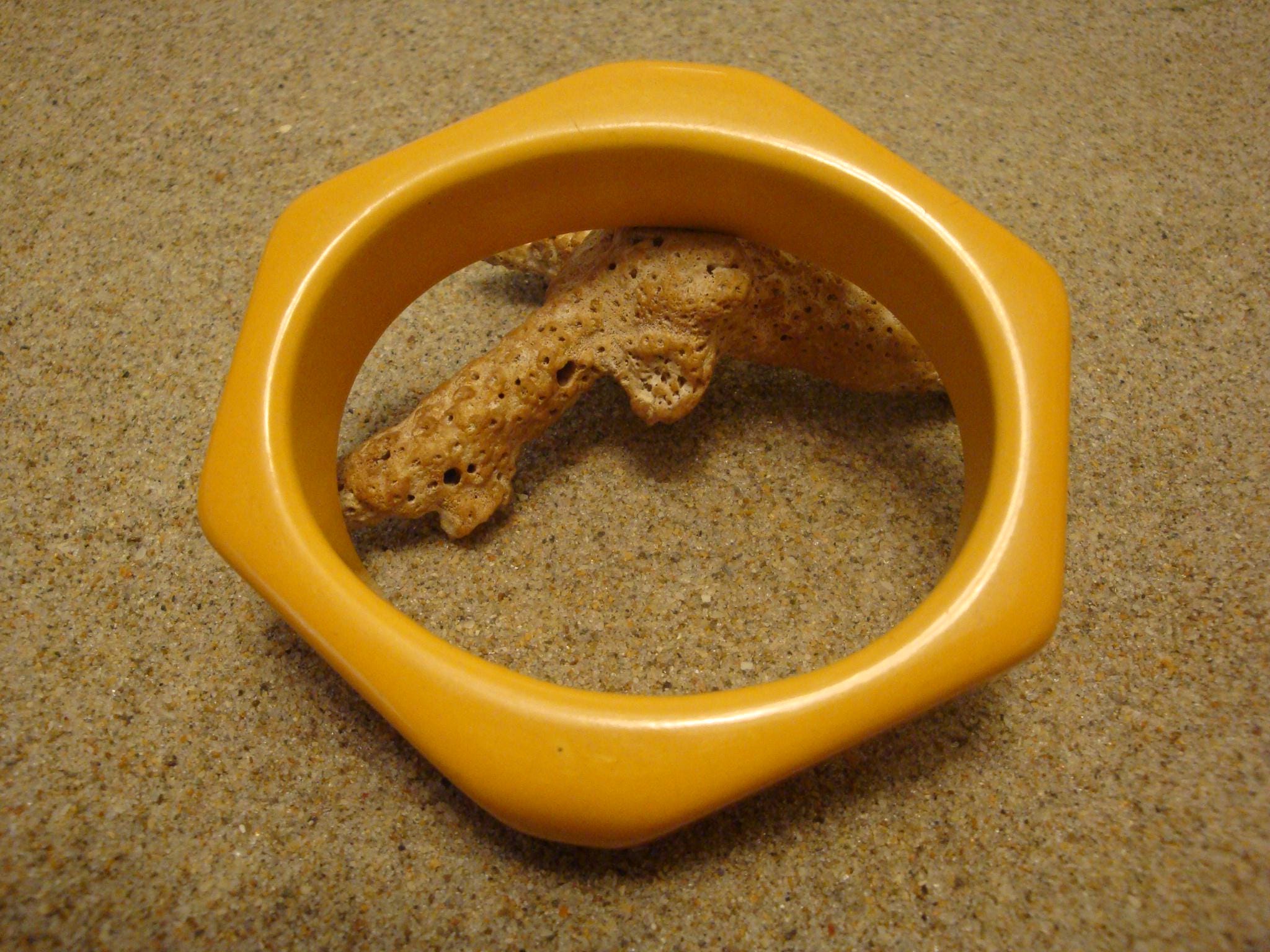 Vintage Canary Yellow Bakelite Bracelet: Hexagonal Bangle, 3/4"