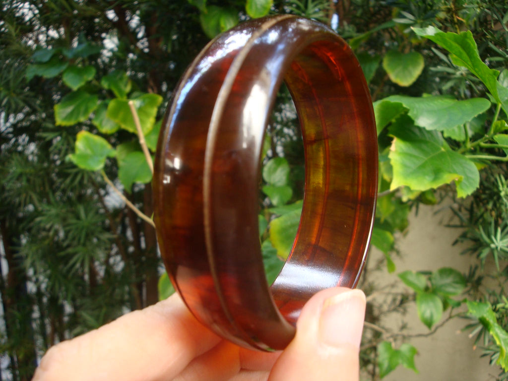 Vintage 7/8" Copper & Rust Bakelite Bracelet! Sleek Dual Groove Carved Design!