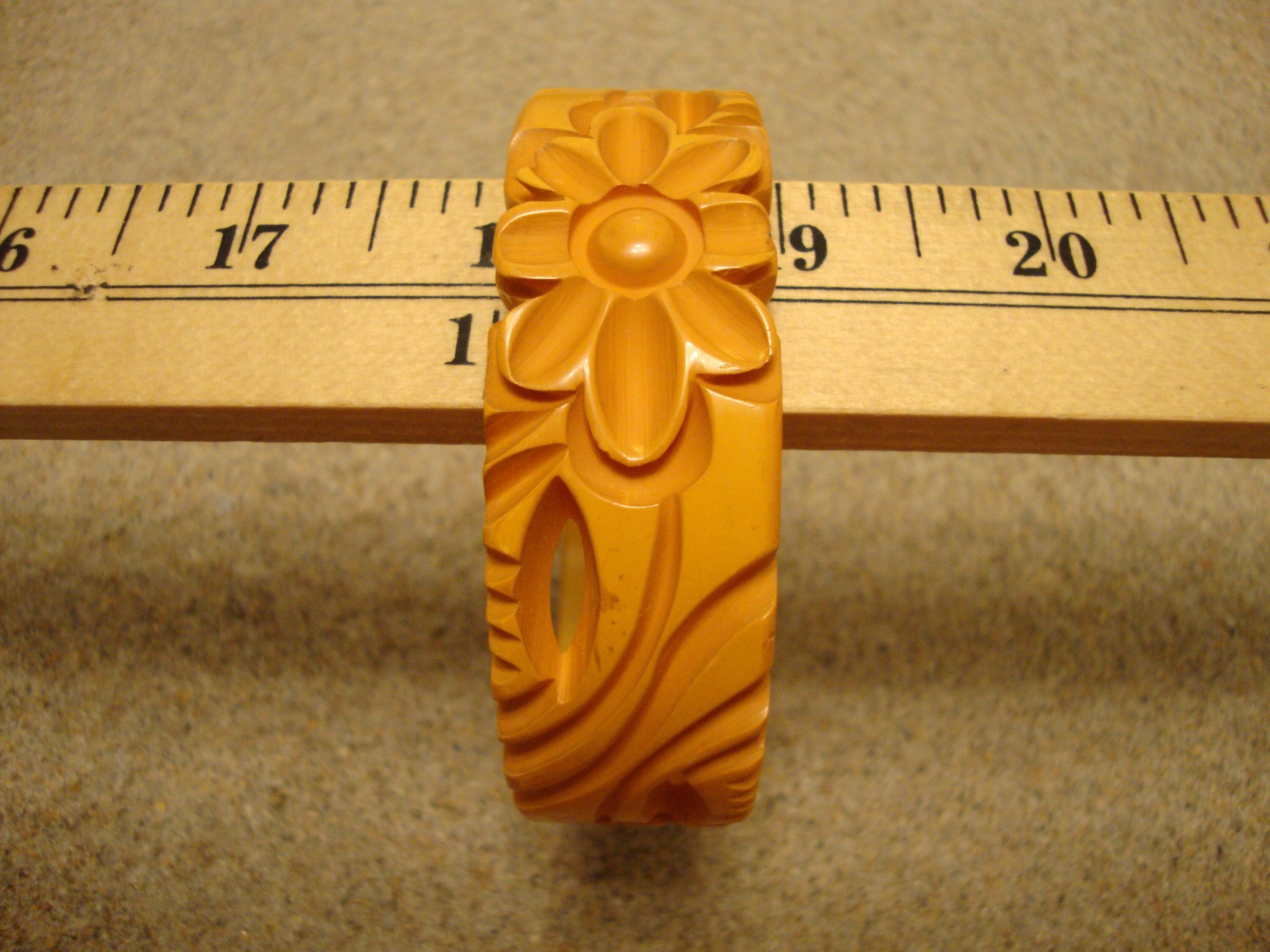 Vintage 7/8" Goldenrod Bakelite Bracelet! Open Work Deep Flower & Leaf Carvings!