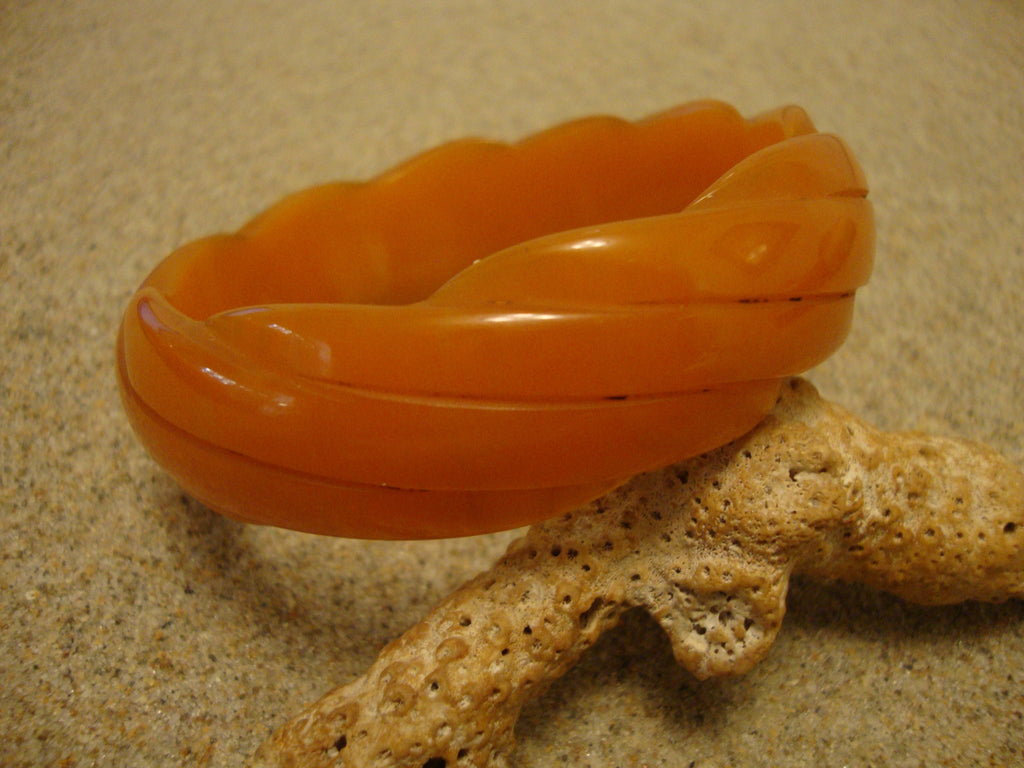 Vintage Semi Translucent Tangerine Bakelite Bracelet w/ Diagonal Slash Carvings!