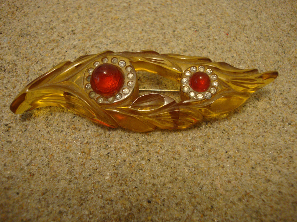 Vintage Bakelite Brooch! Carved Leaf Design w/ Rhinestone & Ruby Red Cabochons!