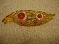 Vintage Bakelite Brooch! Carved Leaf Design w/ Rhinestone & Ruby Red Cabochons!