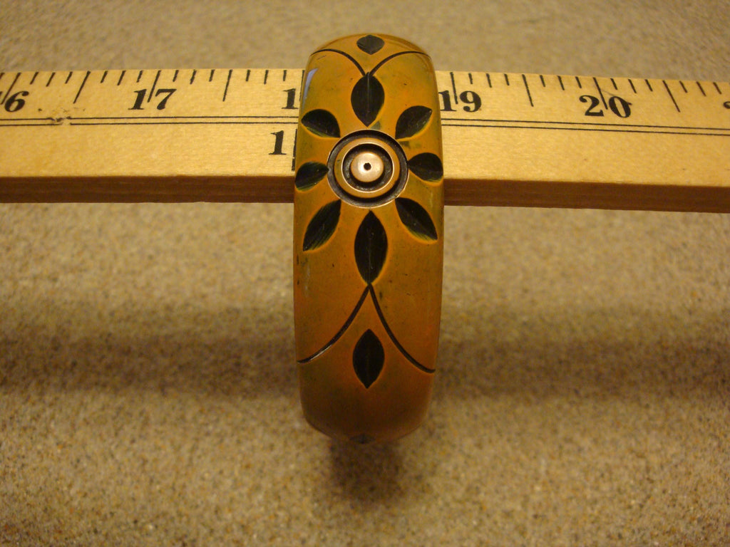 Vintage Orange Bakelite Bracelet w/ Green Overdye & Three Large Flower Carvings!