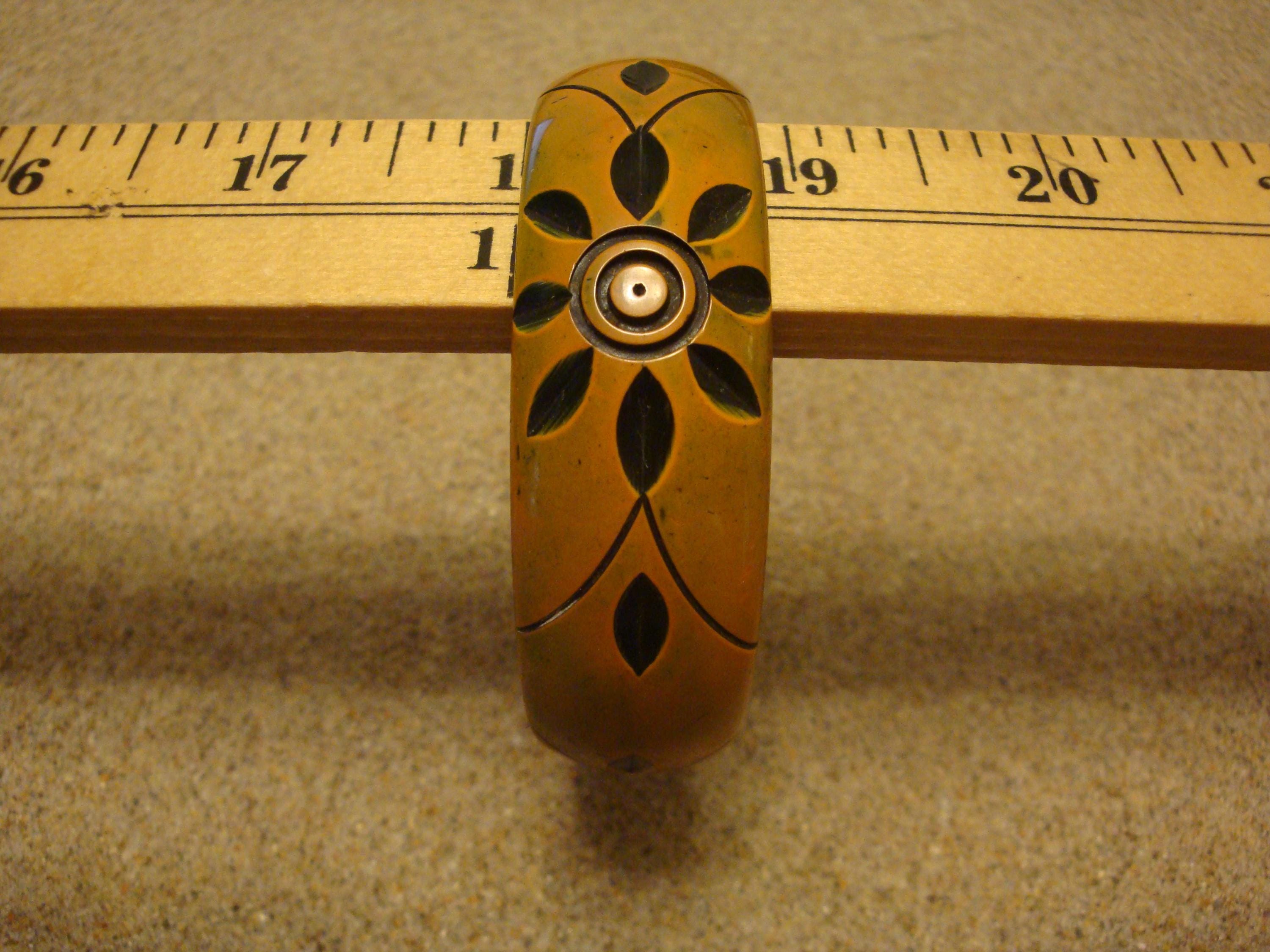 Vintage Orange Bakelite Bracelet w/ Green Overdye & Three Large Flower Carvings!