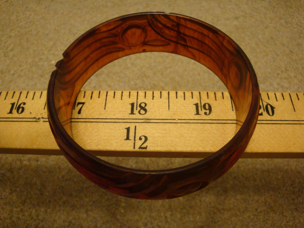 Vintage 7/8" Bakelite Bracelet! Translucent Copper & Rust w/Circle Dot and Contoured Carvings!