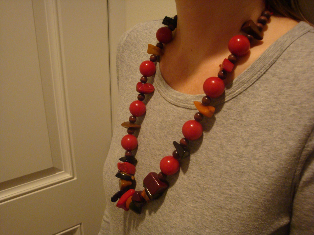 Unique 27" Artisan Bakelite Necklace! Round Red Beads w/ Multi Colored Chunks!
