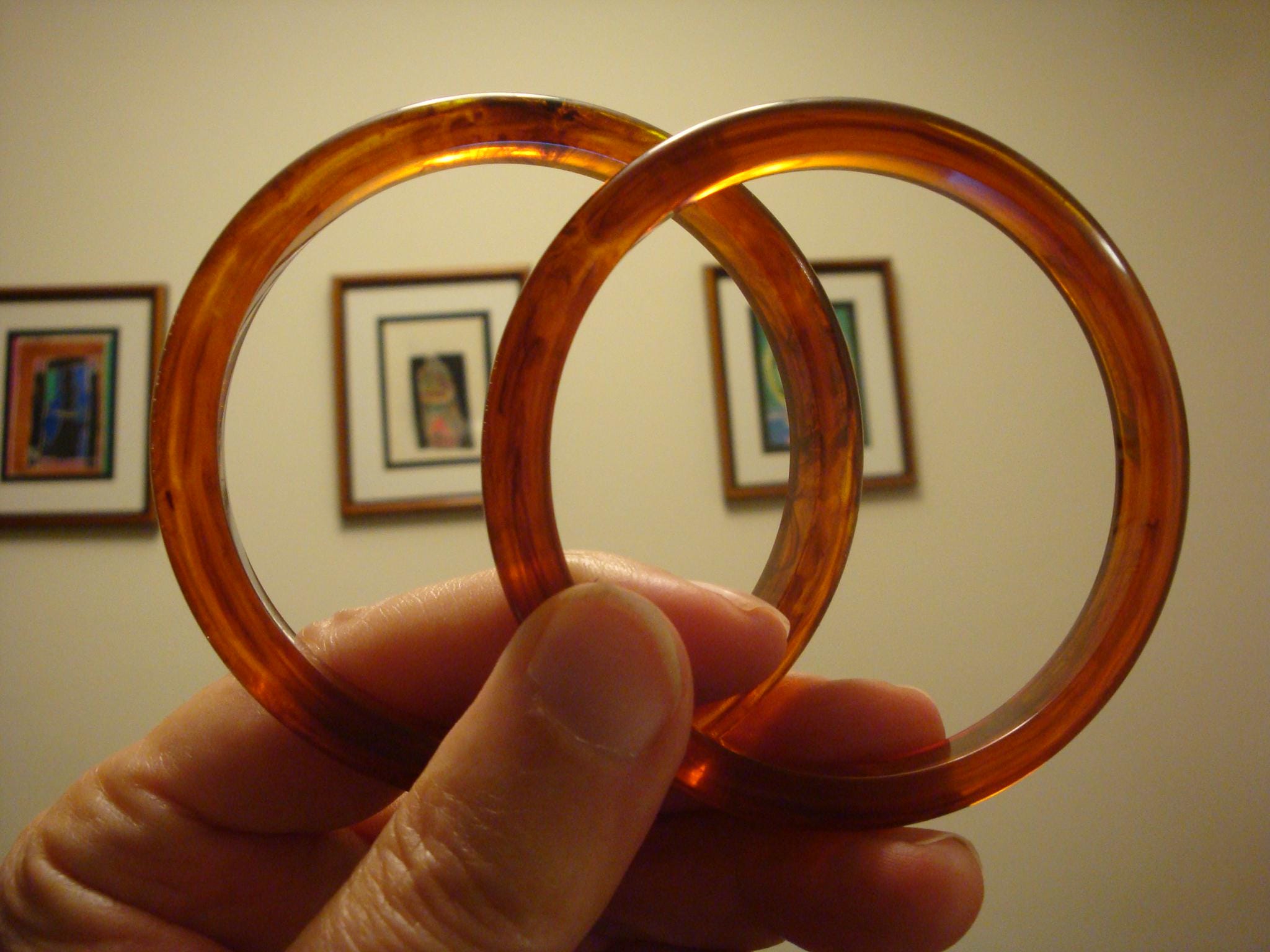 Vintage Pair 3/8" Bakelite Bracelets! Translucent Copper w/ Rust Marbling!
