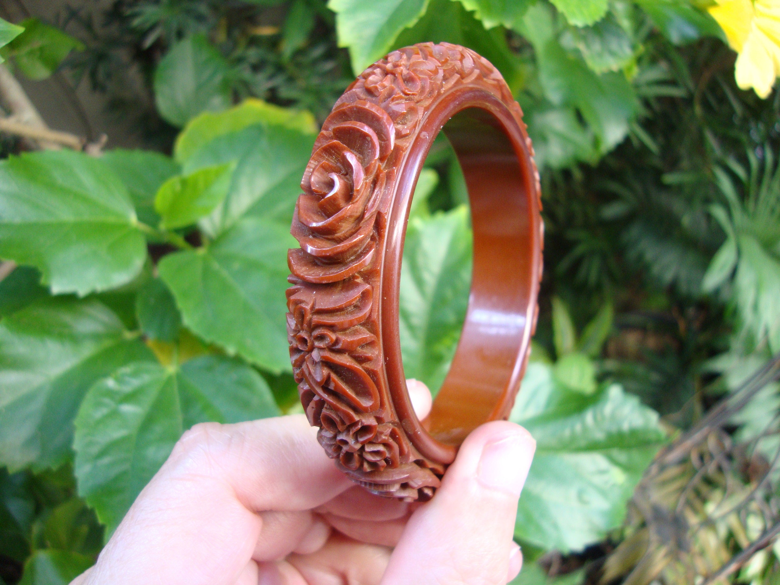 Vintage 5/8" Chocolate Brown Bakelite Bracelet! Heavily Carved Flower Designs!