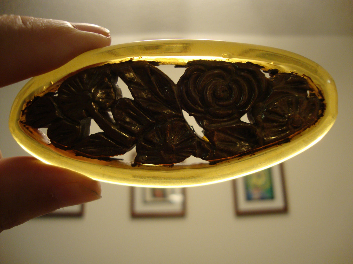Rare Vintage Bakelite Brooch! Dichromatic Yellow w/ Gold Painted Rose Carvings!