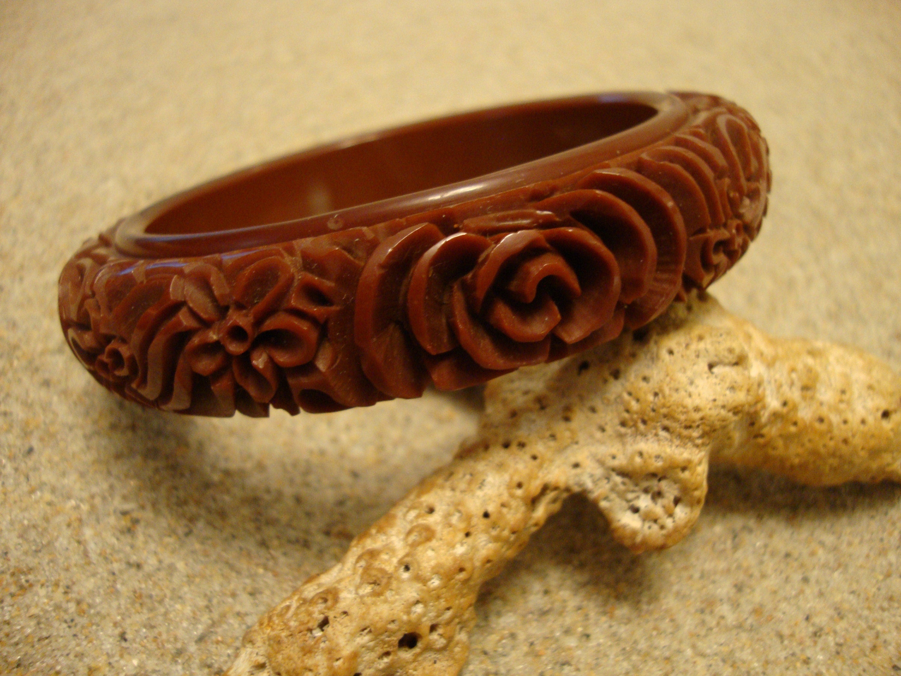 Vintage 5/8" Chocolate Brown Bakelite Bracelet! Heavily Carved Flower Designs!