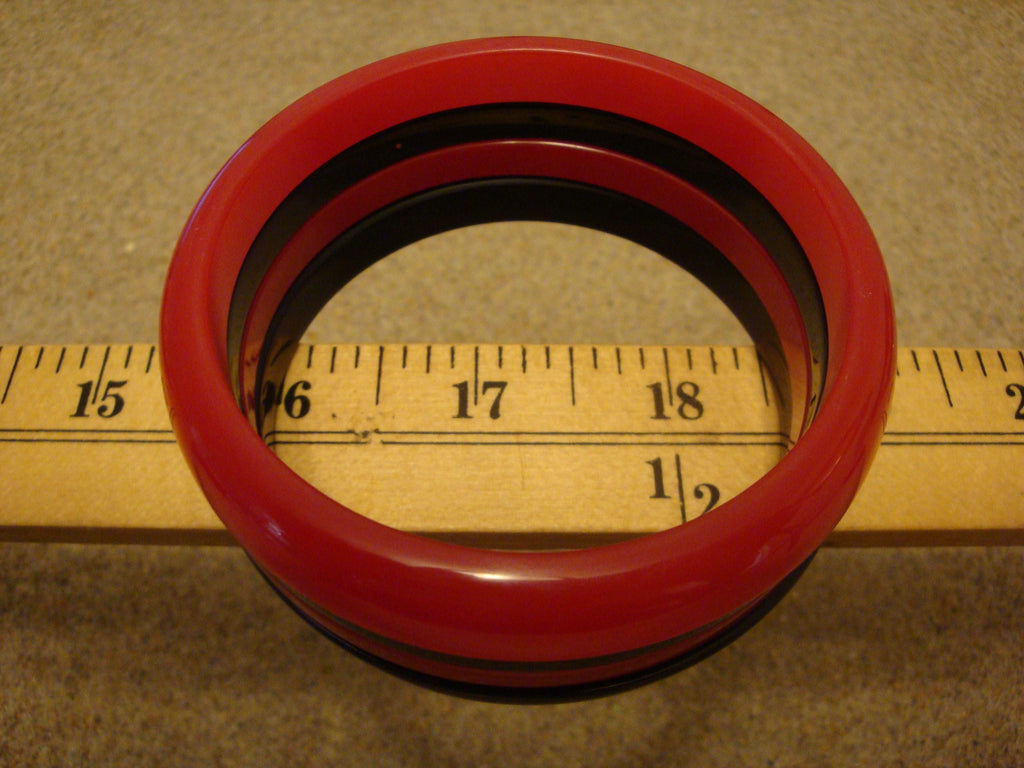 Restored Vintage 1 1/4" Cherry Red & Jet Black  Bakelite "Bookend" Bracelet Set!