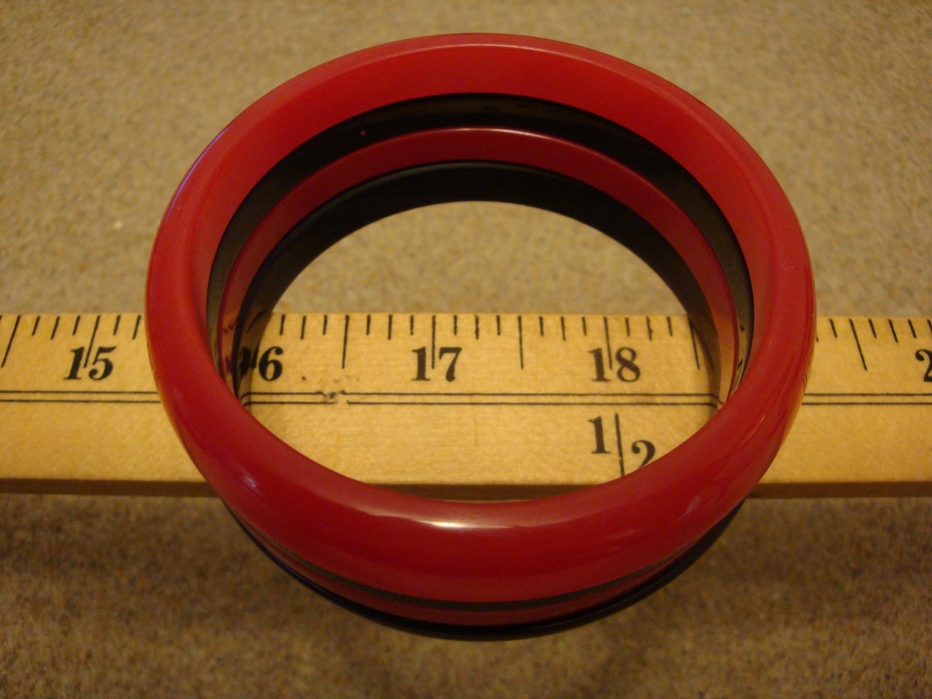 Restored Vintage 1 1/4" Cherry Red & Jet Black  Bakelite "Bookend" Bracelet Set!