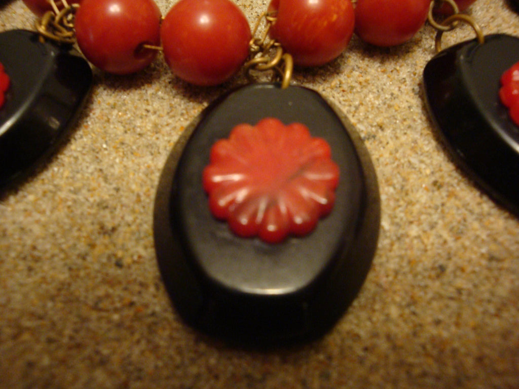 Vintage 23" Bakelite Necklace! Double Chain w/ Paprika Beads & Black Medallions!