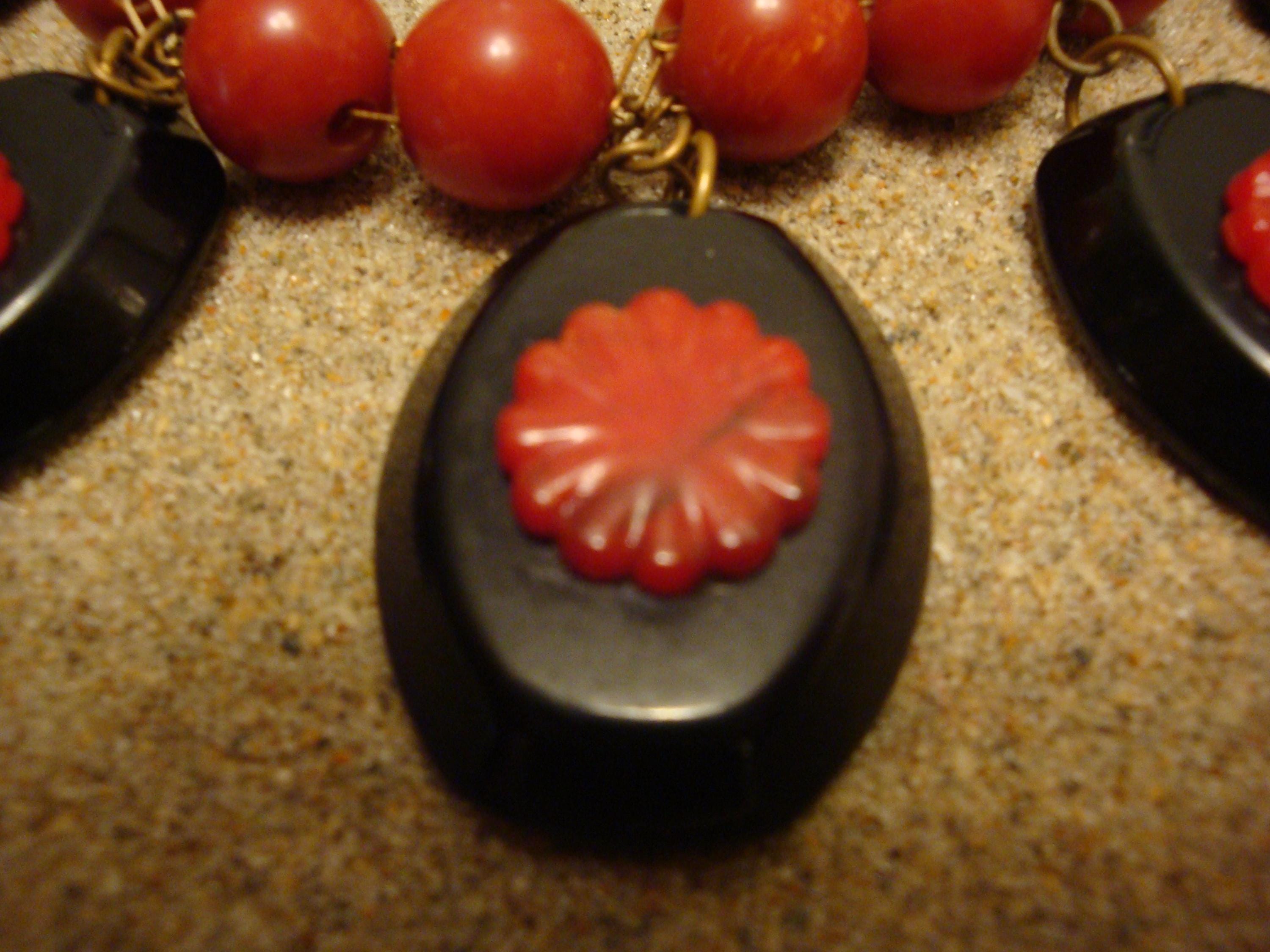 Vintage 23" Bakelite Necklace! Double Chain w/ Paprika Beads & Black Medallions!