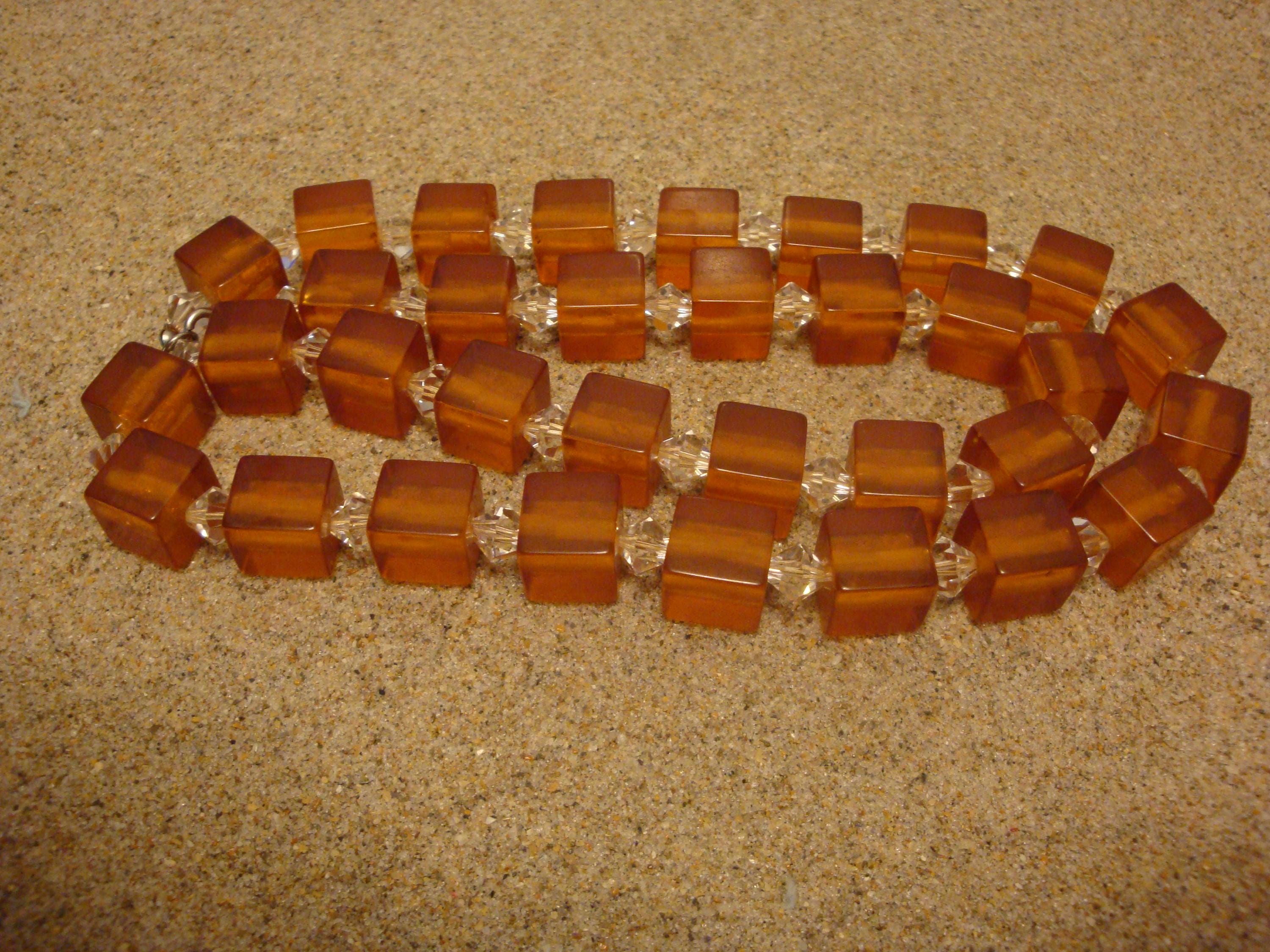 27" Bakelite Applejuice 1/2" Cube Necklace with Crystal Separation Beads! 105grams!!