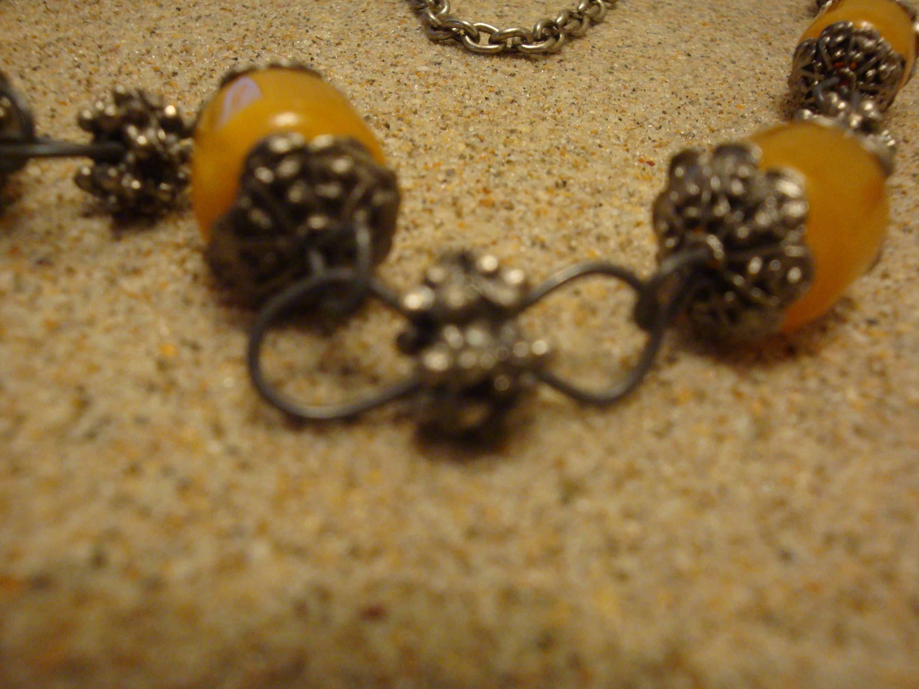 Vintage 33" Bakelite Necklace! Barrel Beads; Silvertone Chain, Settings Beads!