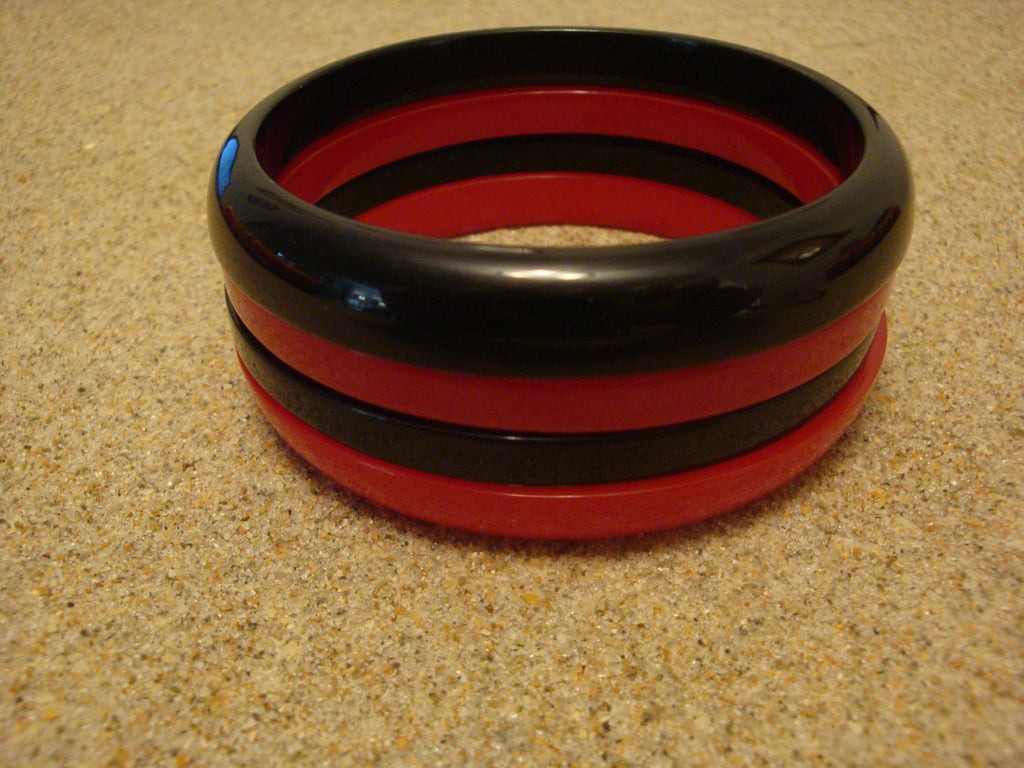 Restored Vintage 1 1/4" Cherry Red & Jet Black  Bakelite "Bookend" Bracelet Set!