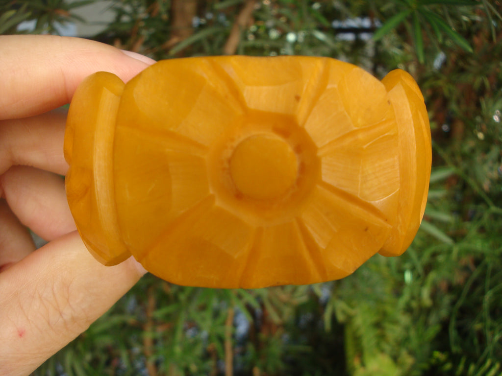 Vintage 1 3/8" Goldenrod Bakelite Bracelet, Two Flowers with Vine & Leaf Carvings