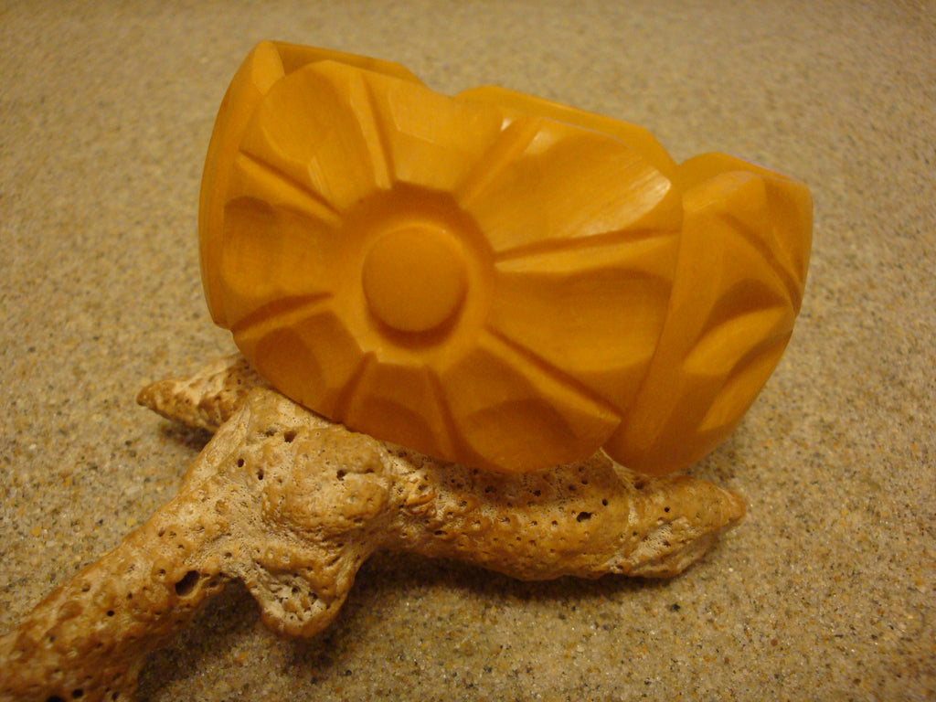Vintage 1 3/8" Goldenrod Bakelite Bracelet, Two Flowers with Vine & Leaf Carvings