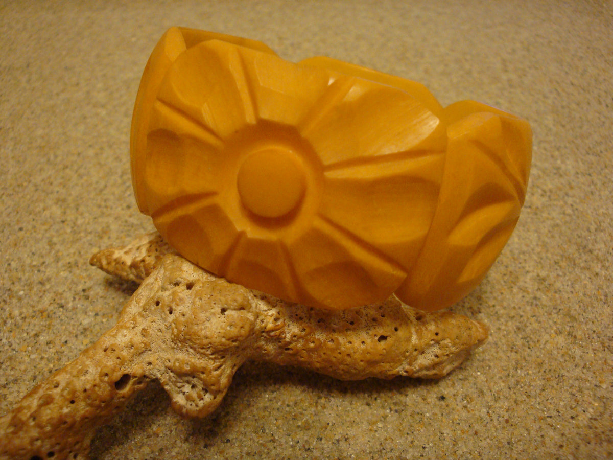 Vintage 1 3/8" Goldenrod Bakelite Bracelet, Two Flowers with Vine & Leaf Carvings