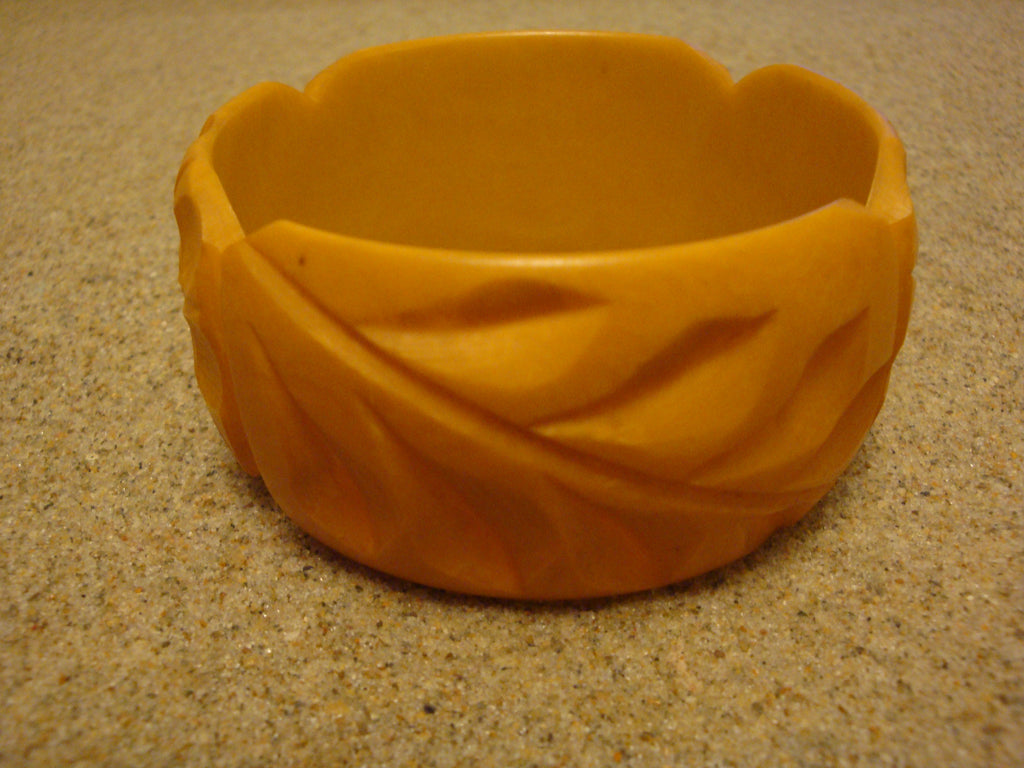 Vintage 1 3/8" Goldenrod Bakelite Bracelet, Two Flowers with Vine & Leaf Carvings