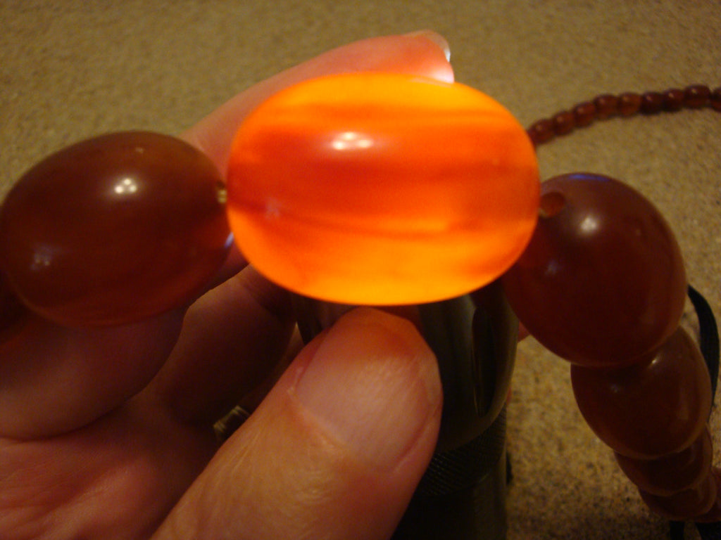 Vintage 26" Bakelite Necklace, Graduated Marbled Amber and Rust Barrel Beads
