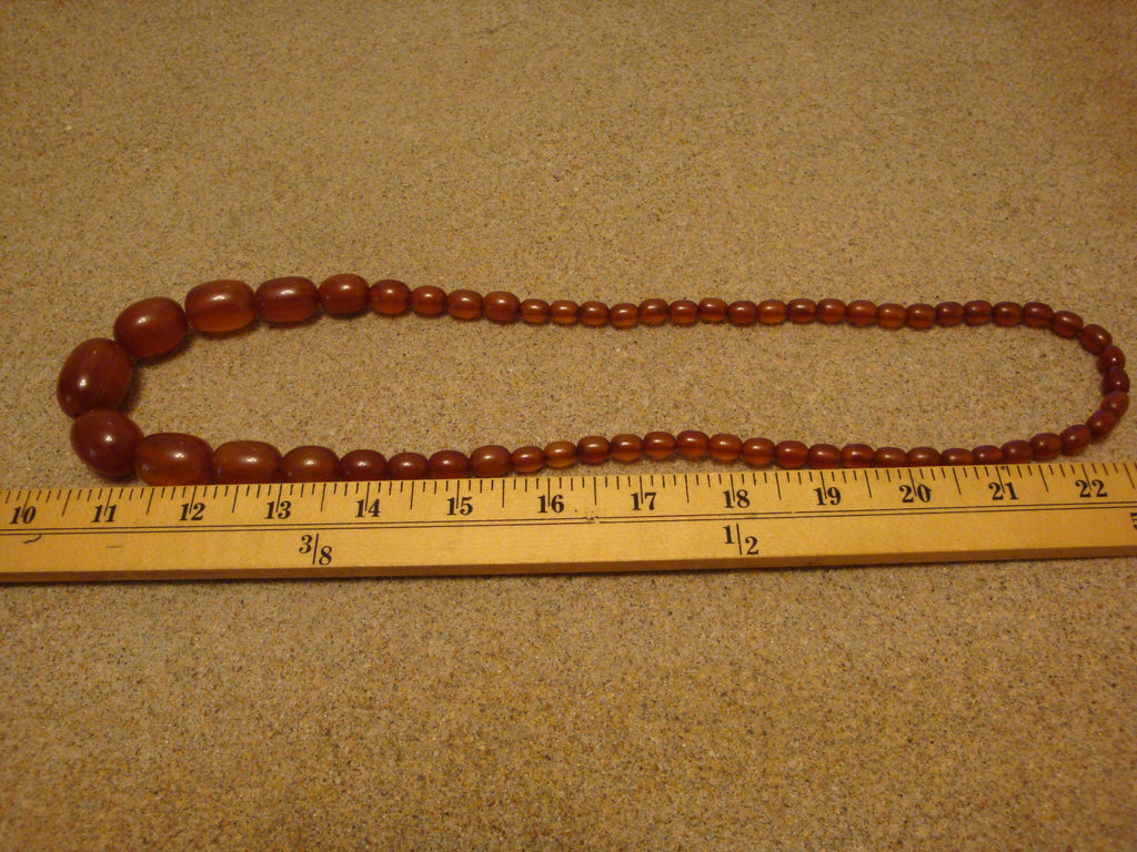 Vintage 26" Bakelite Necklace, Graduated Marbled Amber and Rust Barrel Beads