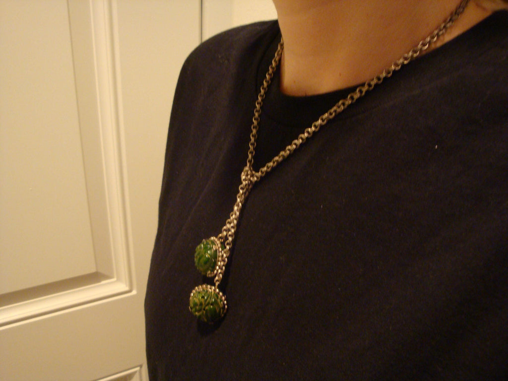 Rare Art Deco Era Bakelite Parure! Carved Marbled Green & Yellow Colors!