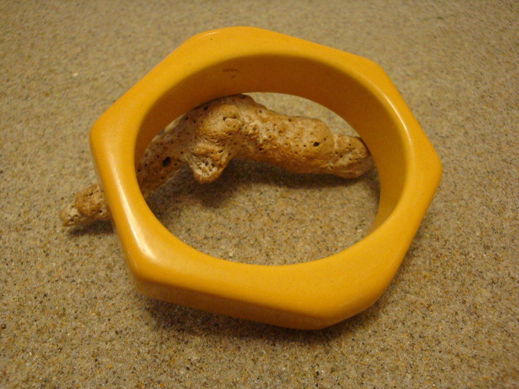 Vintage Canary Yellow Bakelite Bracelet: Hexagonal Bangle, 3/4"