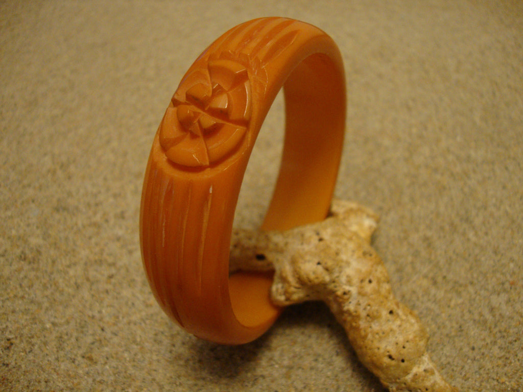 Vintage 3/4" Bakelite Bracelet! Bright Orange; Abstract Flower & Leaf Carvings!