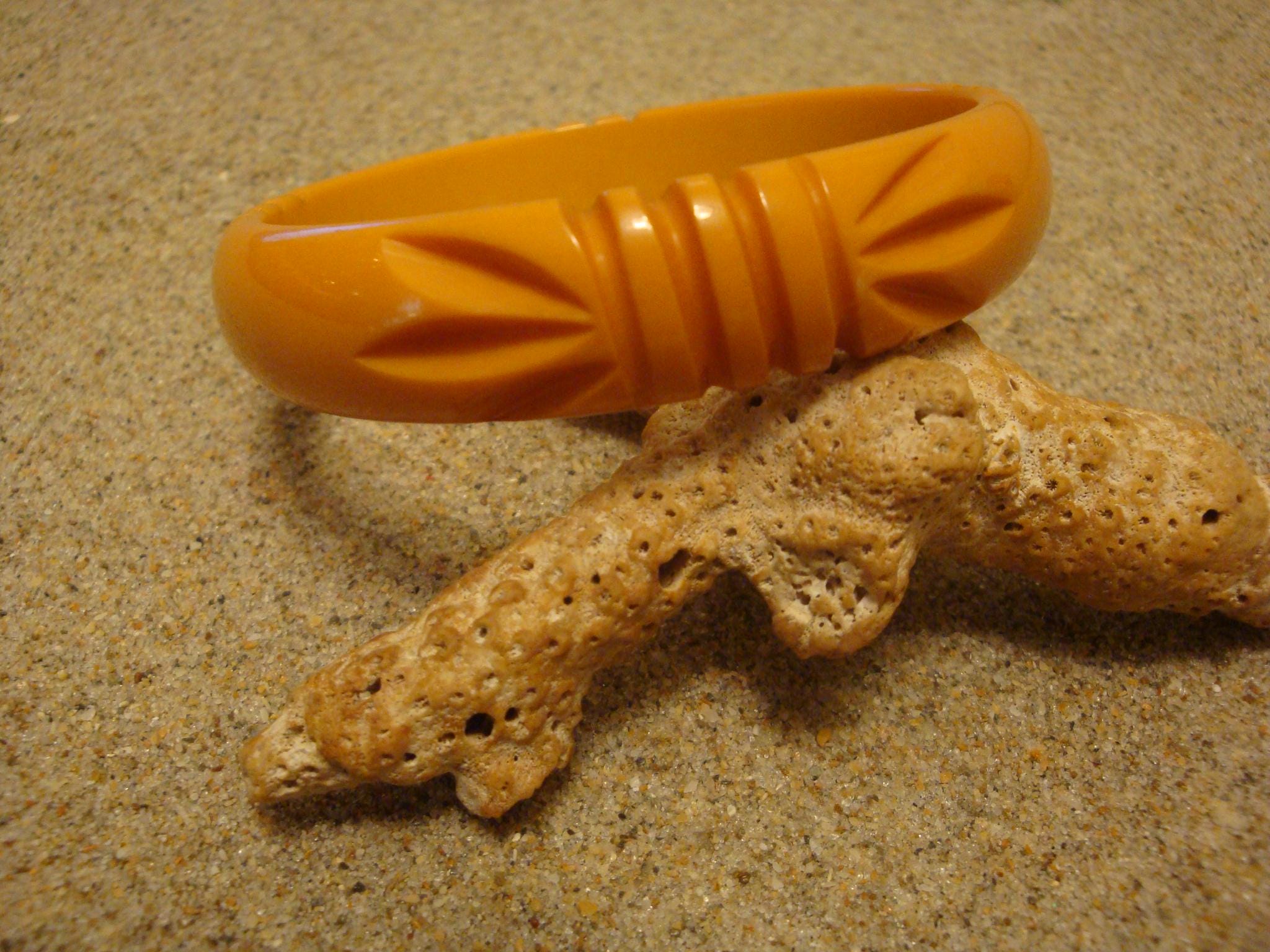 Vintage Goldenrod Bakelite Bracelet: Wheat Sheaf Carvings