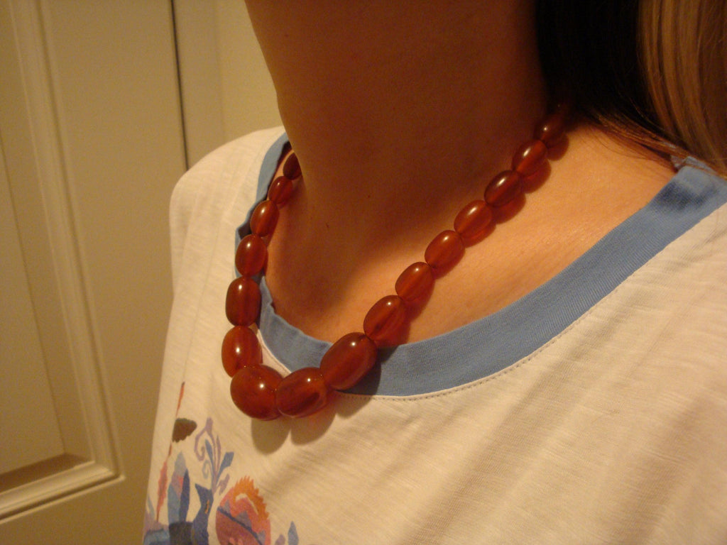 Vintage Marbled Copper Bakelite Barrel Bead Necklace, 18"