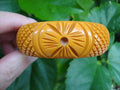 Vintage 7/8" Goldenrod Bakelite Bracelet! Abstract Flower/Crosshatch Carvings!