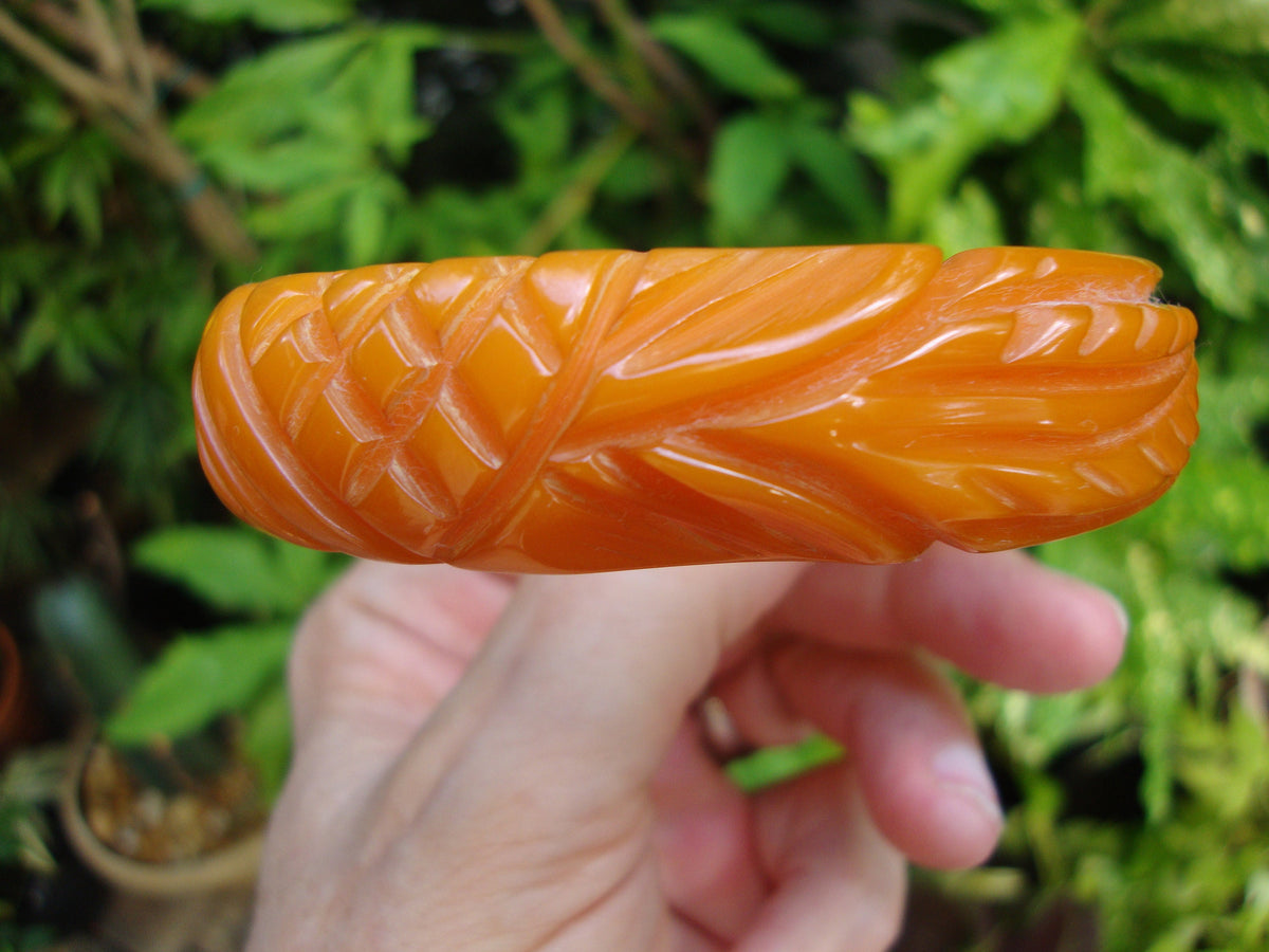 Vintage 3/4" Semi Translucent Orange Bakelite Bracelet! Pineapple/Leaf Carvings!