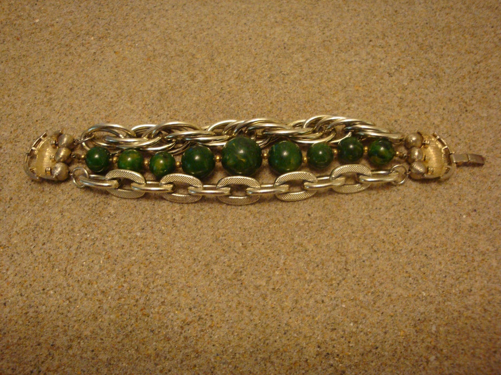 Vintage Marbled Green Bakelite Bead Bracelet with Silver-tone Chain