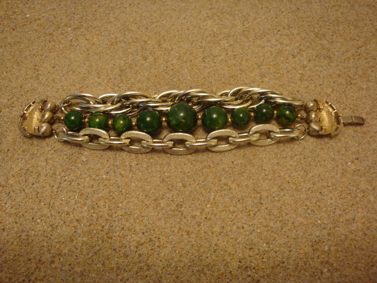 Vintage Marbled Green Bakelite Bead Bracelet with Silver-tone Chain