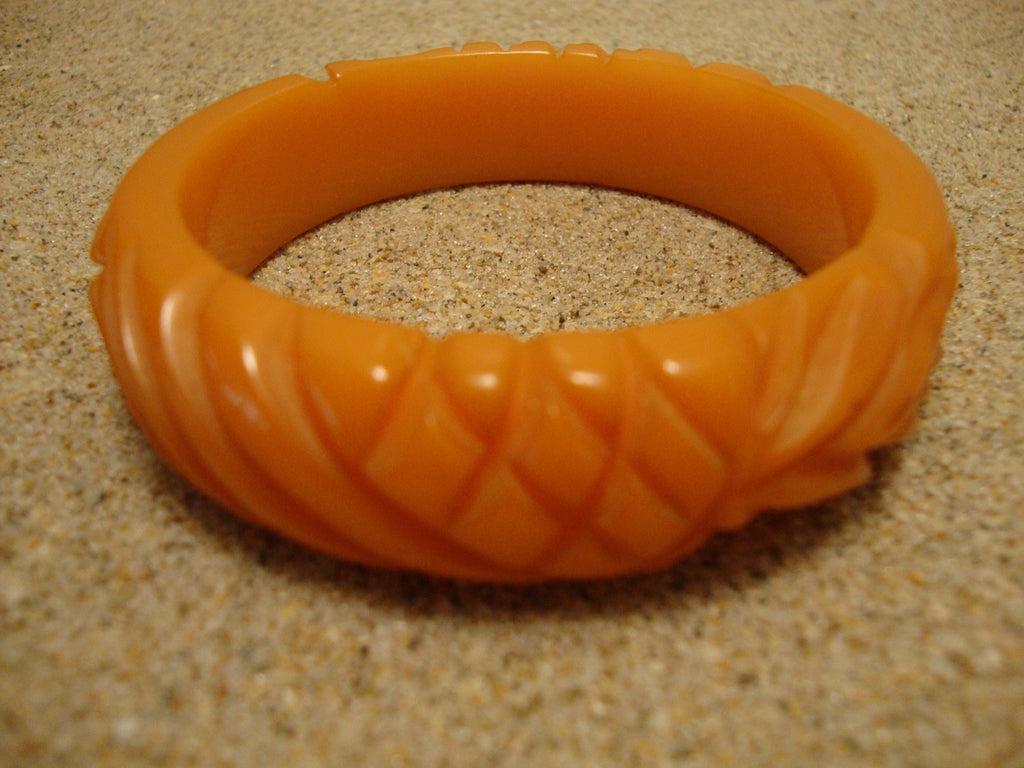 Vintage 3/4" Semi Translucent Orange Bakelite Bracelet! Pineapple/Leaf Carvings!