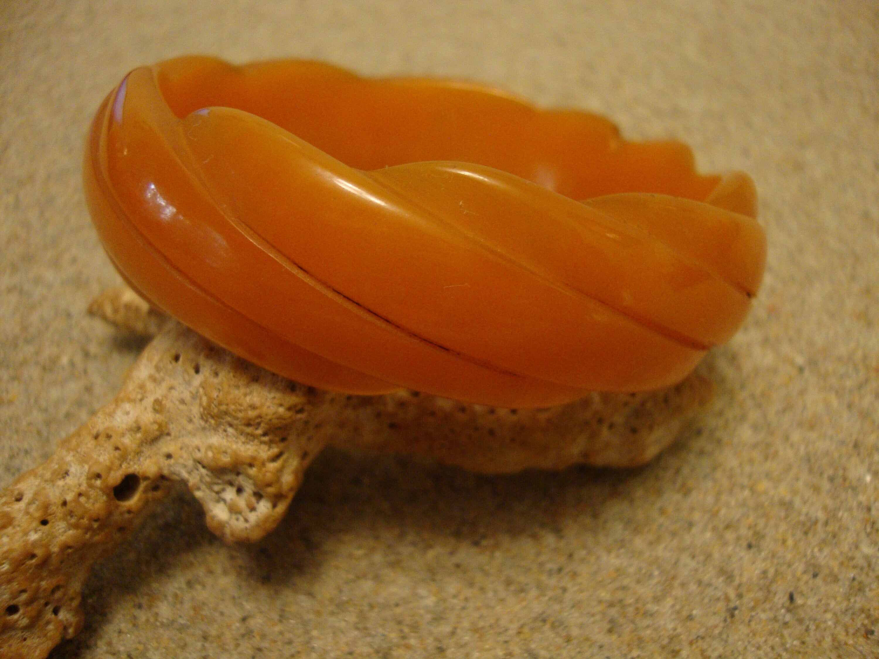 Vintage Semi Translucent Tangerine Bakelite Bracelet w/ Diagonal Slash Carvings!