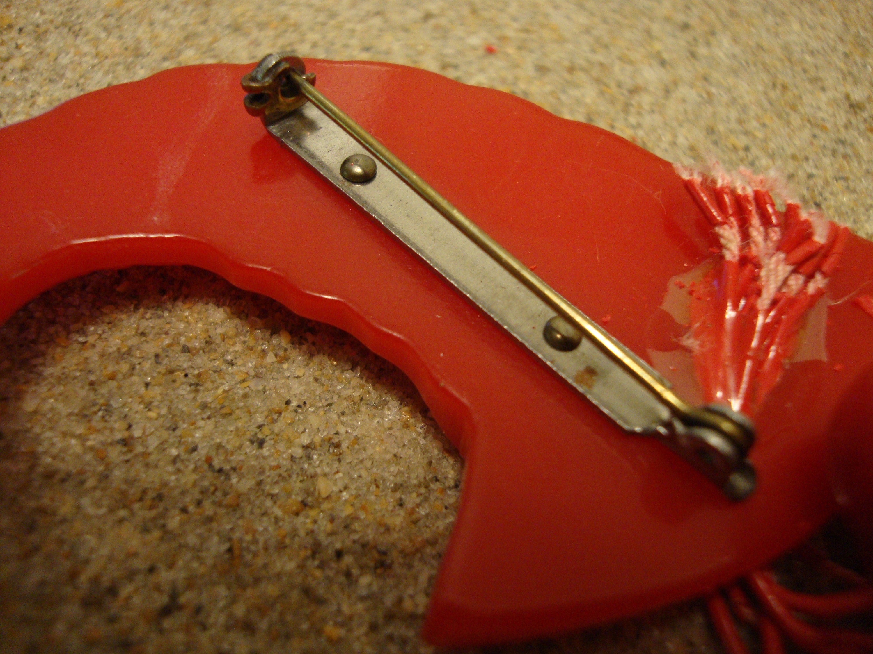 Vintage Red Bakelite Cornucopia Brooch w/ Eight Dangling Cherries!