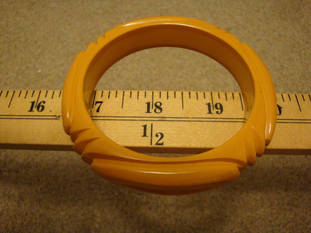 Vintage 5/8" Canary Yellow Bakelite Bracelet! Unique Deep Abstract Carvings!
