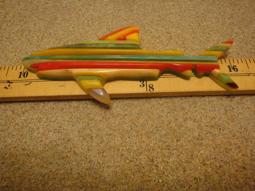 Rare Oversized Signed Shultz Shark Brooch! Bright Laminated Colors!