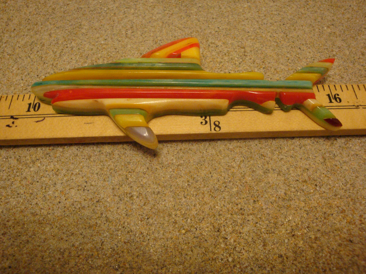 Rare Oversized Signed Shultz Shark Brooch! Bright Laminated Colors!