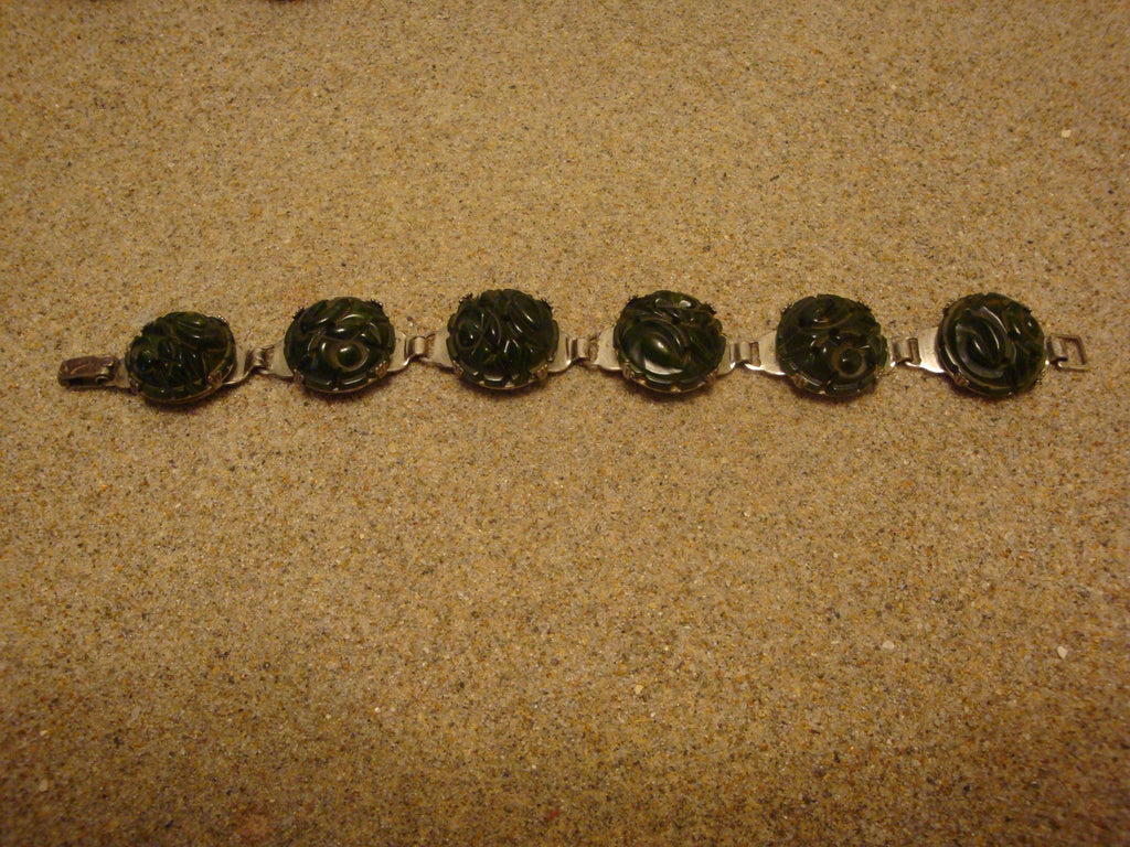 Rare Art Deco Era Bakelite Parure! Carved Marbled Green & Yellow Colors!