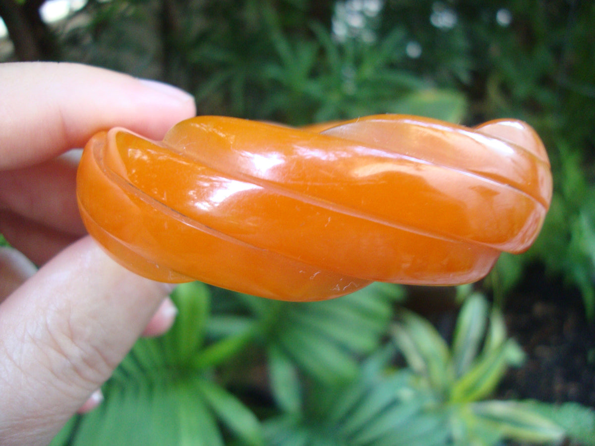 Vintage Semi Translucent Tangerine Bakelite Bracelet w/ Diagonal Slash Carvings!