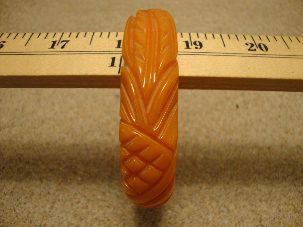 Vintage 3/4" Semi Translucent Orange Bakelite Bracelet! Pineapple/Leaf Carvings!