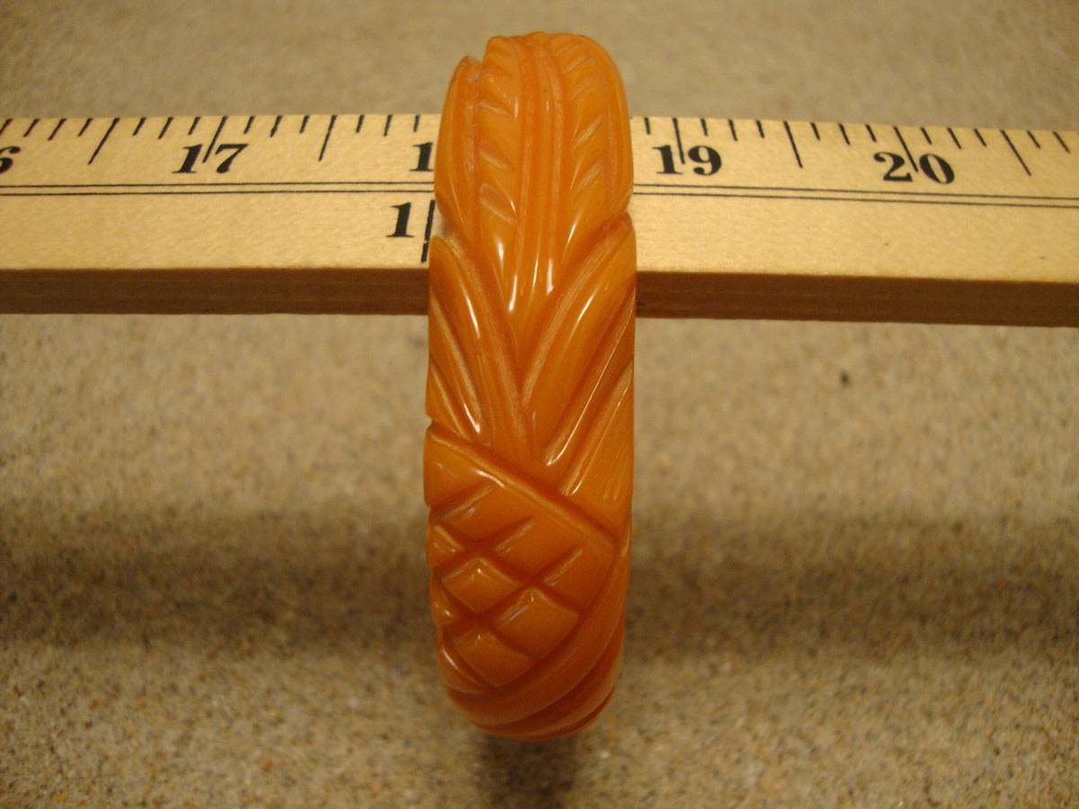Vintage 3/4" Semi Translucent Orange Bakelite Bracelet! Pineapple/Leaf Carvings!