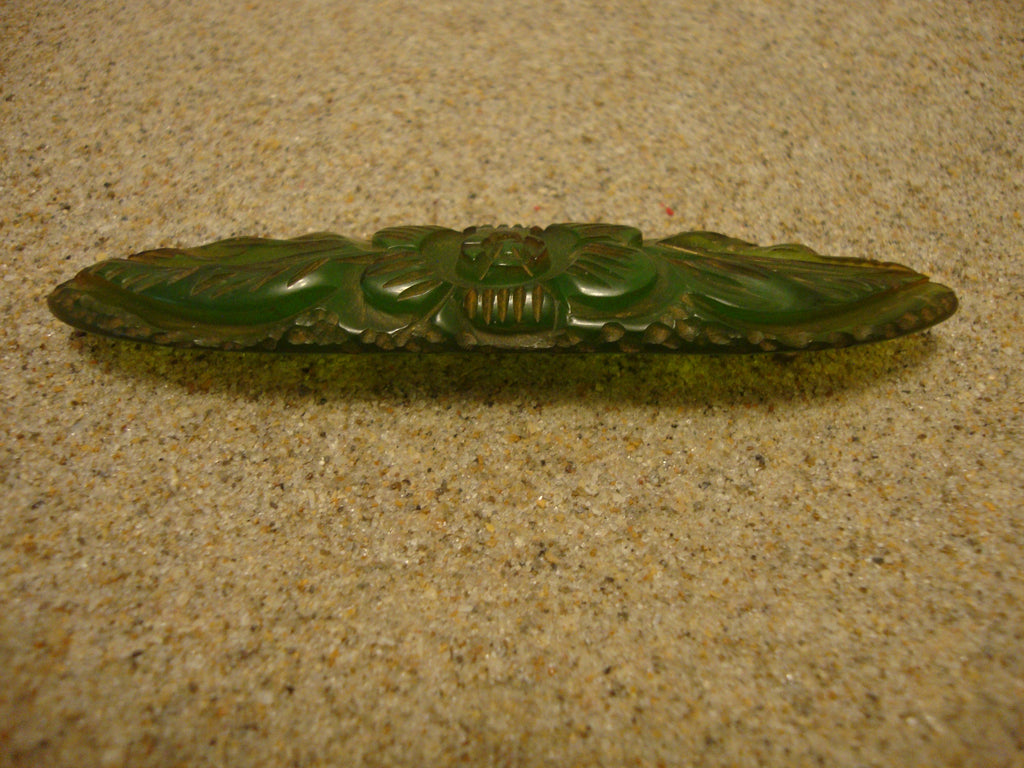 Vintage Bakelite Brooch! Translucent Lime Green w/ Carved Flower & Leaf Design!