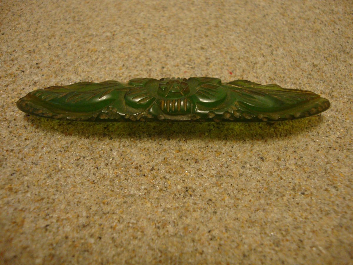 Vintage Bakelite Brooch! Translucent Lime Green w/ Carved Flower & Leaf Design!