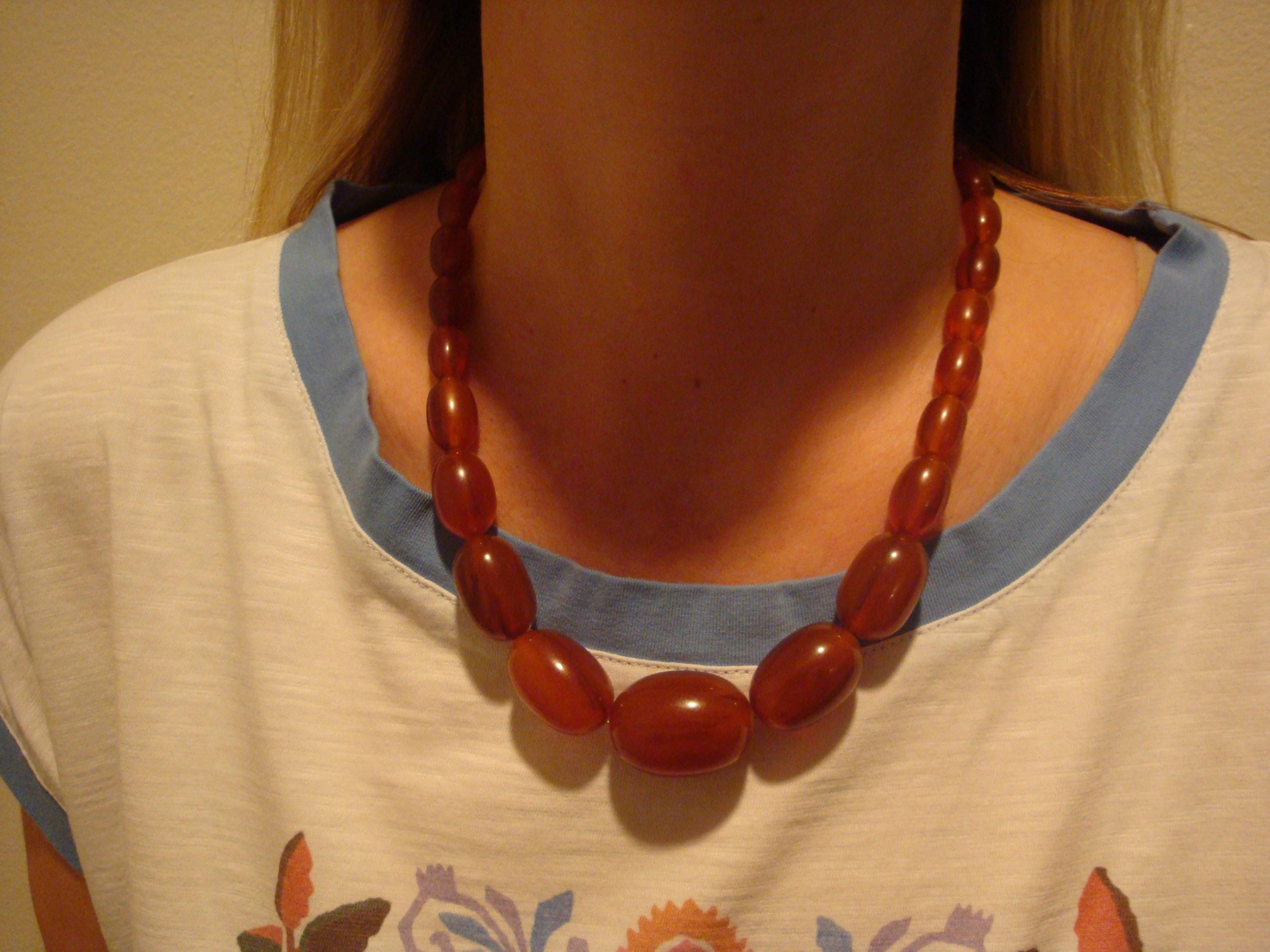 Vintage Marbled Copper Bakelite Barrel Bead Necklace, 18"